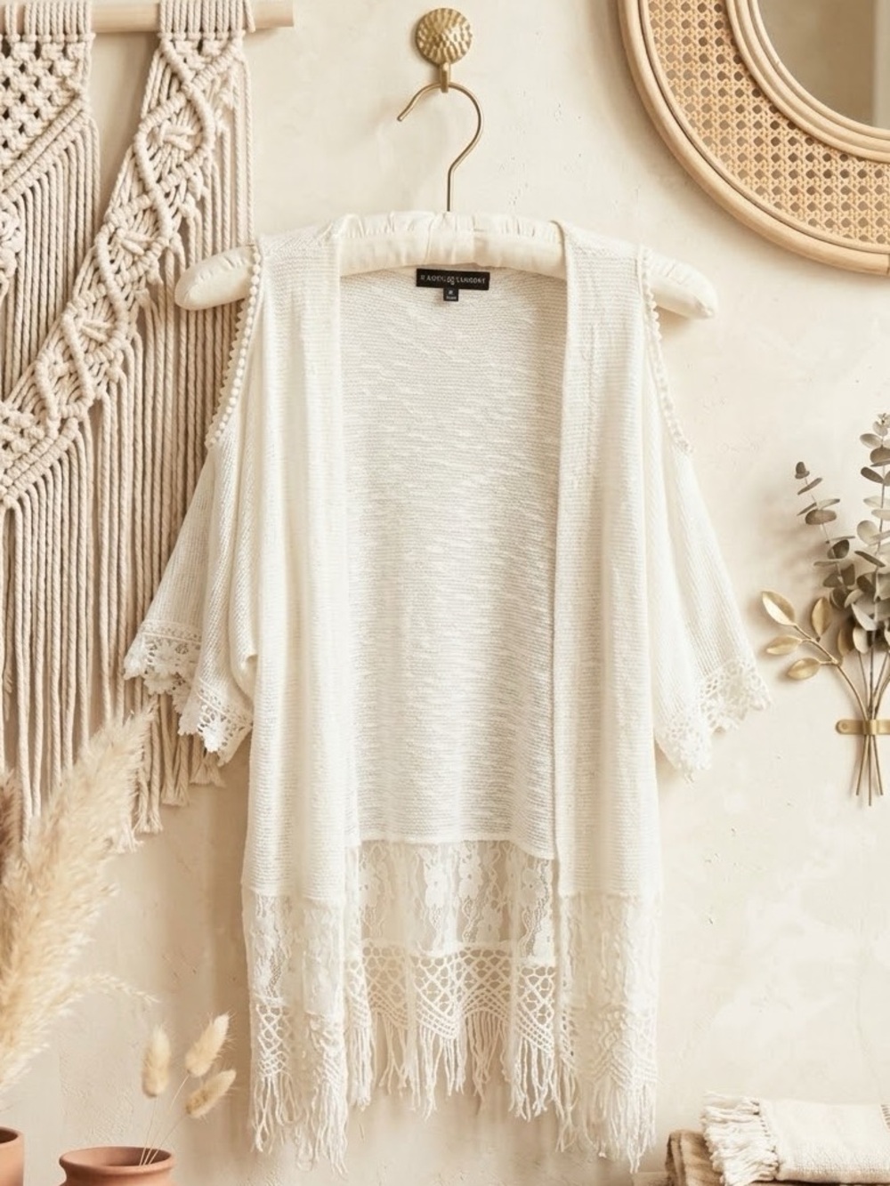 Almost Famous Cream White Cold Shoulder Crochet Lace Fringe Kimono Cardigan